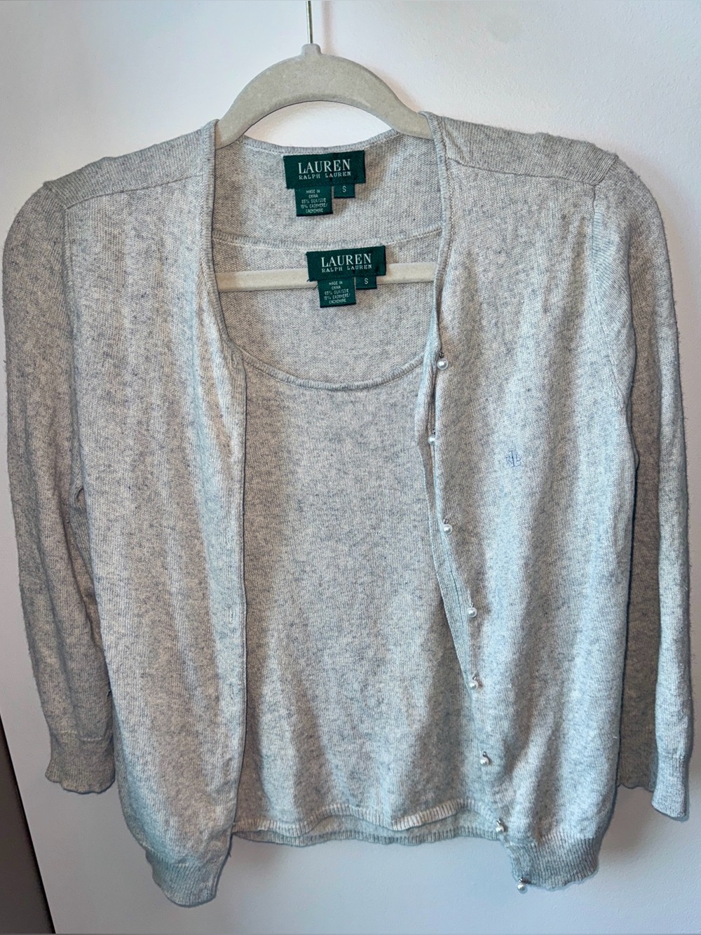 Lauren Ralph Lauren Silk and Cashmere Light Gray Sweater Cardigan Twinset S
